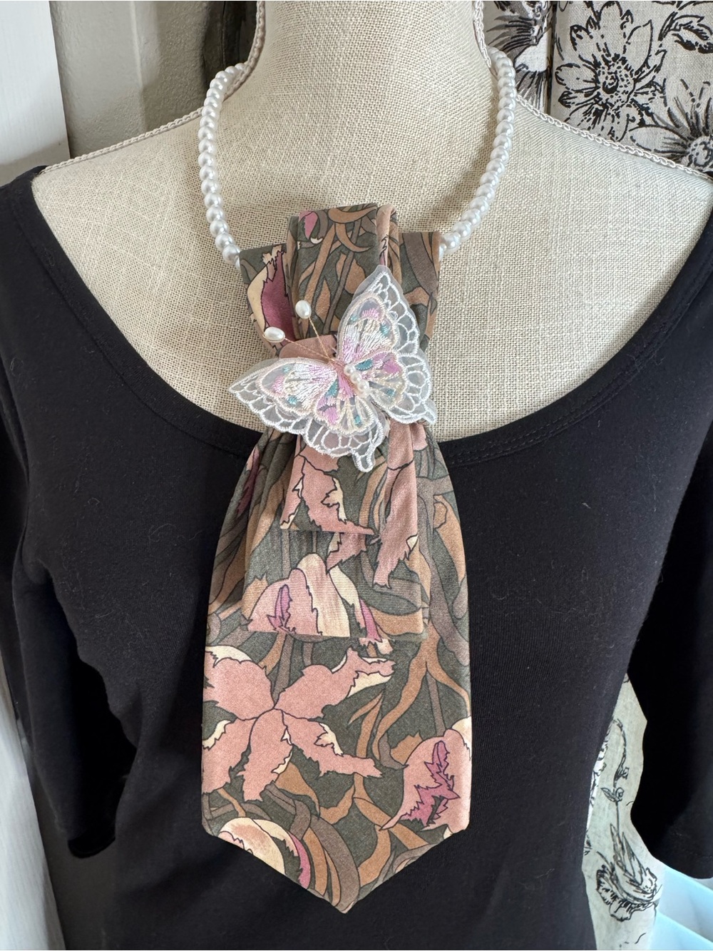 Floral Pink & Olive Silk Scarf Necklace with Pearl Strand